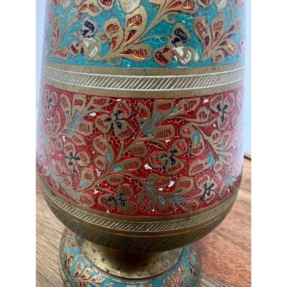 Vintage Brass Enamel Vase Red Teal‎ Floral Embossed Decorative Accent